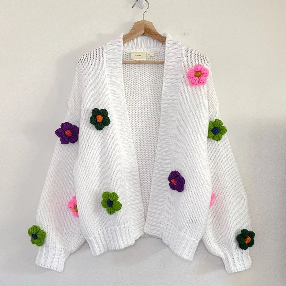 Anthropologie Maeve Susannah 3D Flower Cardigan Open Front Knit Sweater White OS